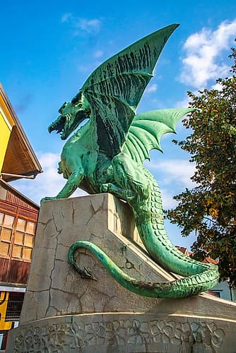 Slovenia, Ljubljana. Statue on Dragon Bridge. European Print